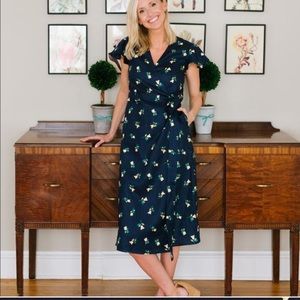 New Draper James Tulip Navy Blue Linen Wrap Dress Tea Midi Dress Short Sleeves